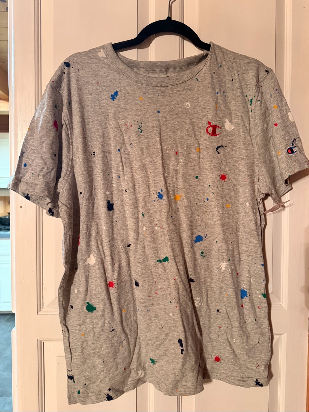 Champion Grey Tee with Multicolor Paint Splatters